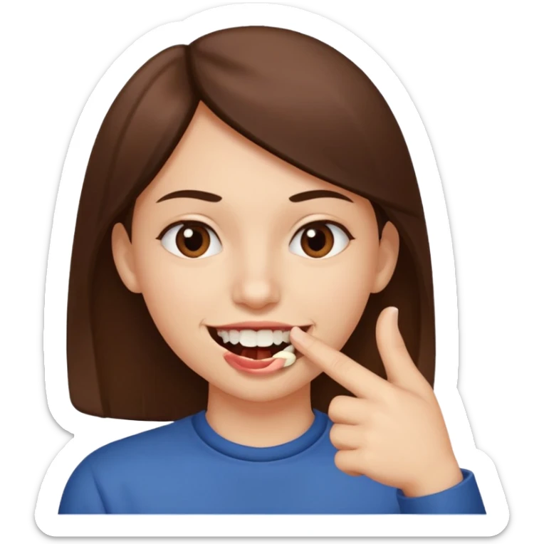 Con una sonrisa en la cara mientras muerde la punta del dedo indice en la boca son sus dientes sticker
