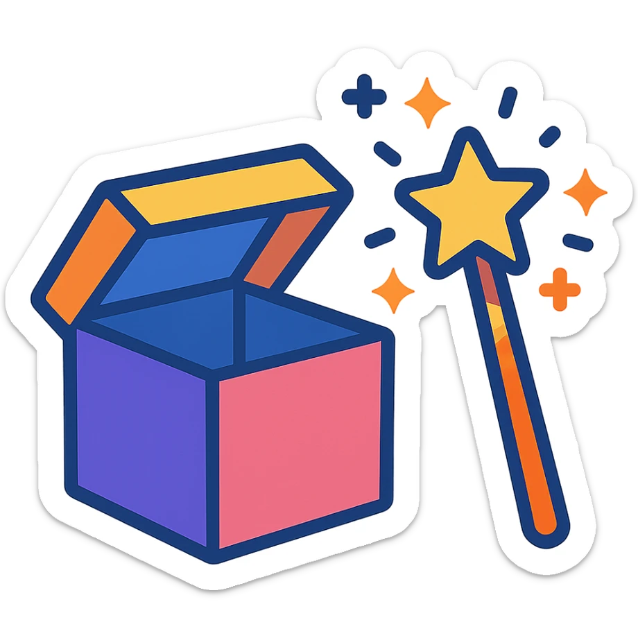 a colorful cartoon style illustration of a box and a magic wand, vibrant colors, suitable for an icon sticker