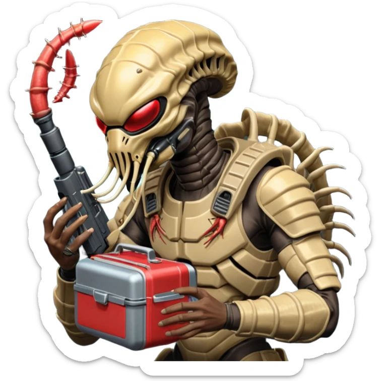 The Predator, as in the 1987 movie, with full armor, shoulder laser gun and mask eating an Alien facehugger from a lunchbox, the setting should be dark and sci-fi. sticker