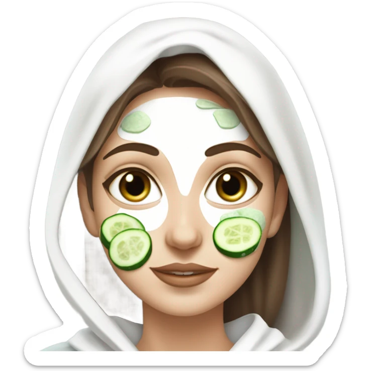 White girl with Brown hair and blue eyes wears a Green colored skincare clay textured mask and puts on cucumbers around her eyes while She relaxes in her white Robe sticker