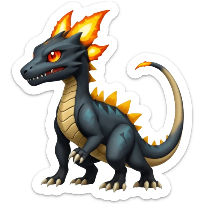 Magmatic fiery badass cool obsidian-Black and golden-orange Helioptile-Marowak-Salamence-Fakémon-hybrid-creature (full body)  sticker