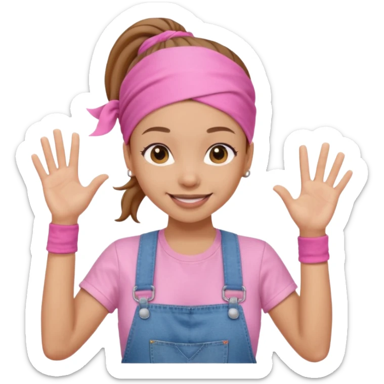 Light skin woman with brown ponytail and light pink head bandana. pink t-shirt with denim overalls. Expression is friendly with big smile and waving hello sticker