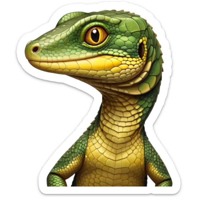 cinematic-realistic-cute-monitor-lizard-portrait-emoji,-head-tilted-playfully-and-inquisitively,-featuring-a-compact,-agile-body-with-finely-detailed,-glossy-scales-in-earthy-olive-hues-and-a-distinct,-alert-face-with-bright,-curious-eyes, yellow, brown spotted and green multi coloured  scales sticker