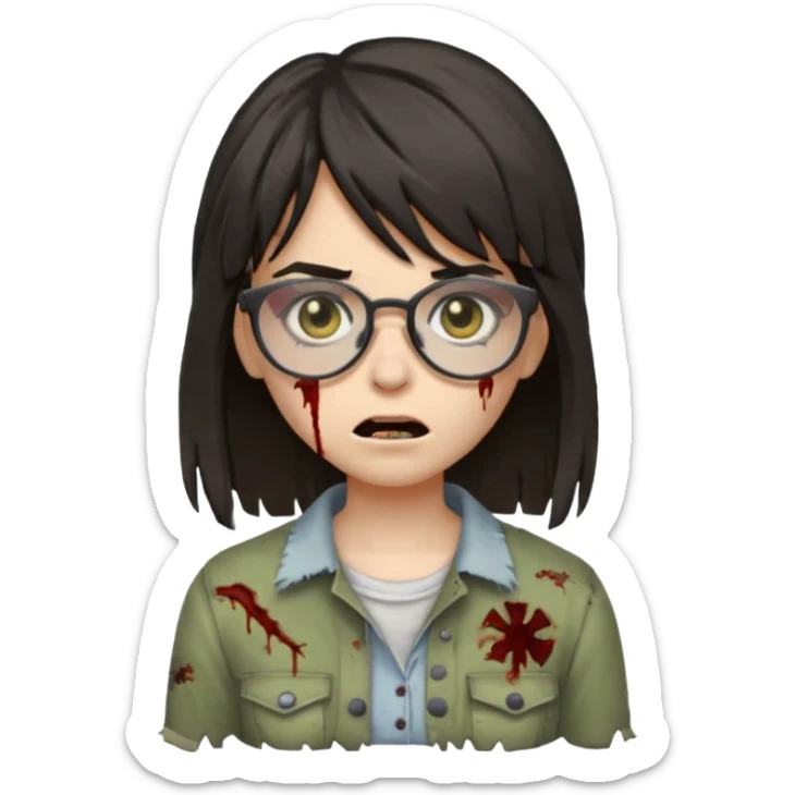  iPhone emoji is a zombie girl with dark hair long below her shoulders bangs and a ragged haircut gray eyes glasses  sticker