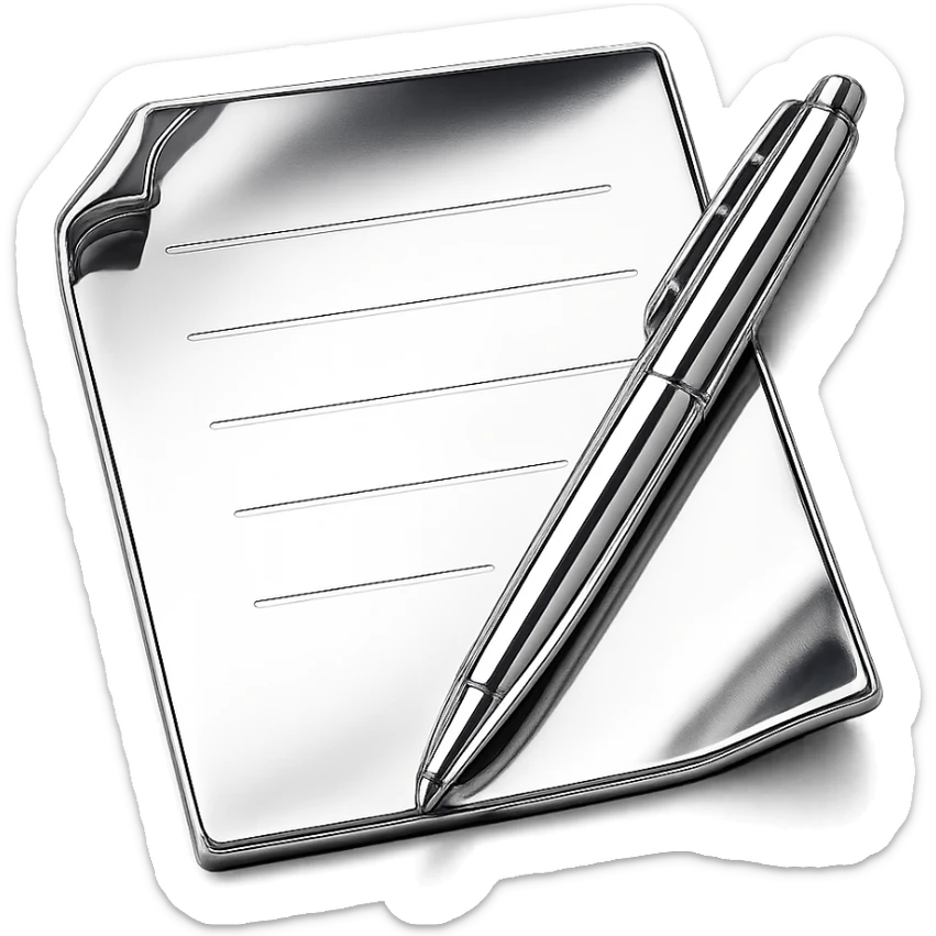 stylized chrome sheet of paper with a shiny pen placed diagonally, futuristic and smooth sticker