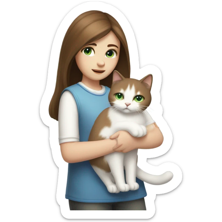 A girl with brown straight hair and a white fluffy cat lying in her arms with eyes of different colors sticker