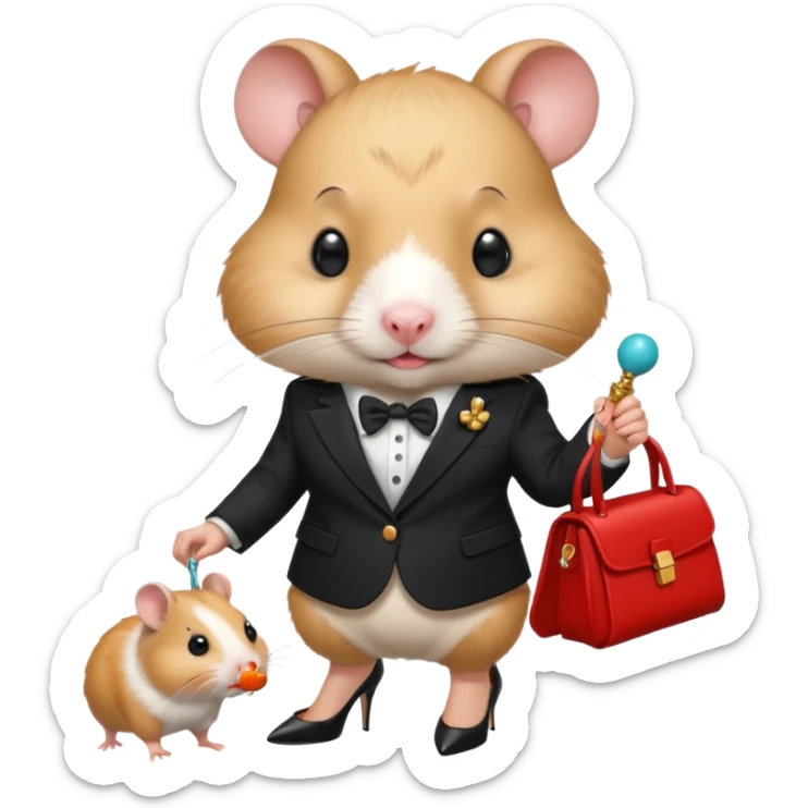 Mama hamster wearing ysl blazer and heals and baby hamster with dummy in his mouth sticker