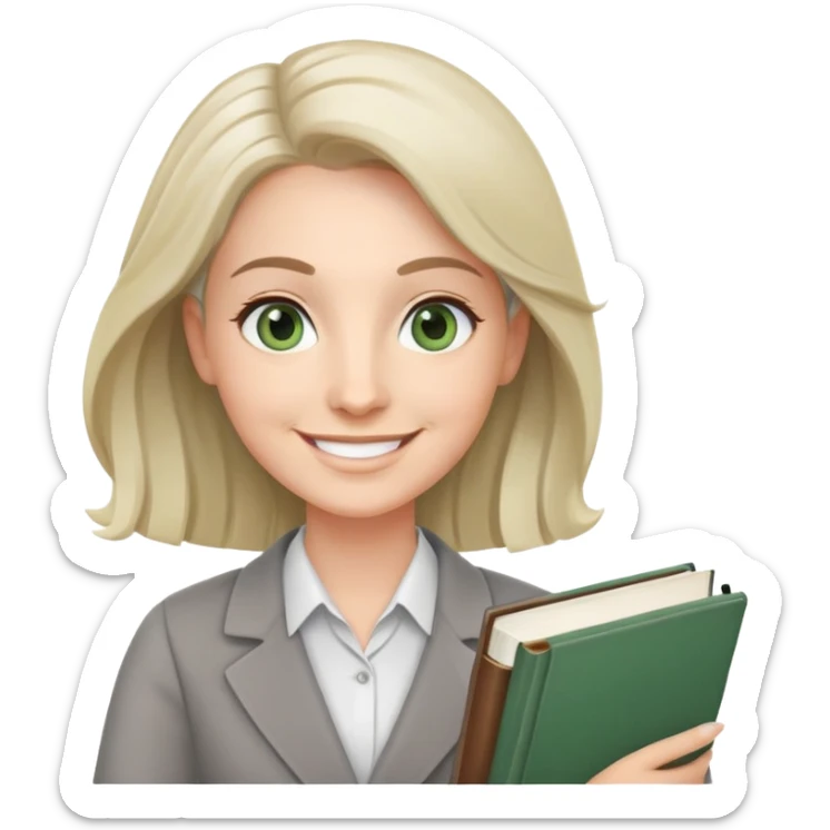 smiling English teacher with airtouch hair and grey-green eyes holding books and teaching materials sticker