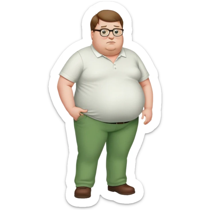 Peter Griffin from Family Guy with a pregnant belly, green pants, white shirt, glasses, and double chin sticker