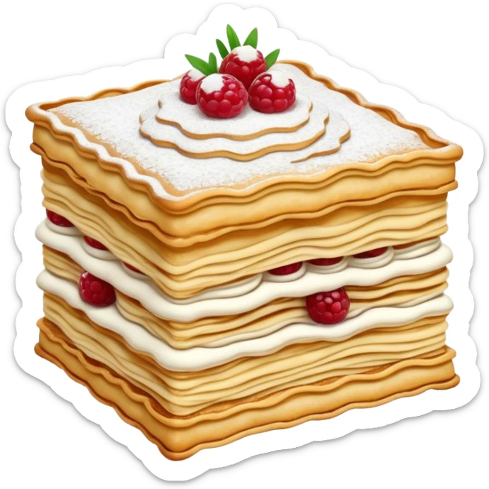 Cinematic Realistic Mille-Feuille Dessert Emoji, depicted as layered puff pastry with rich cream and a dusting of powdered sugar rendered with intricate textures and elegant, soft lighting. sticker
