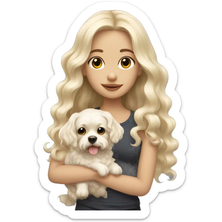 White blonde long wavy hair girl holding a cute multipu dog with short ears wavy fur sticker