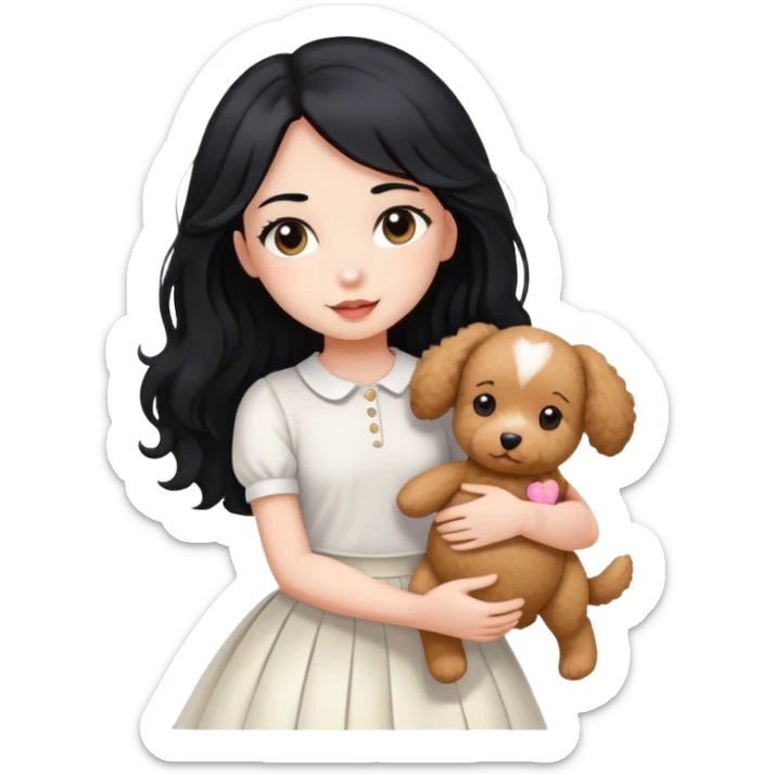A beautiful girl with long straight black hair wearing a white skirt holding a small brown curly teddy dog sticker