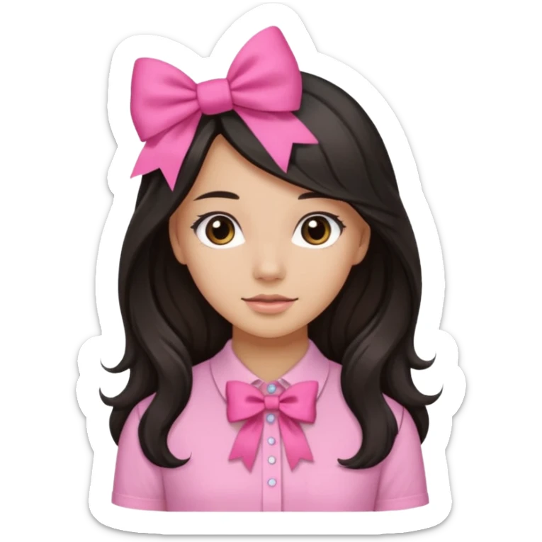 Pretty girl with long black straight kinda wavy hair with pink bow,pink shirt,and light brown skin color sticker