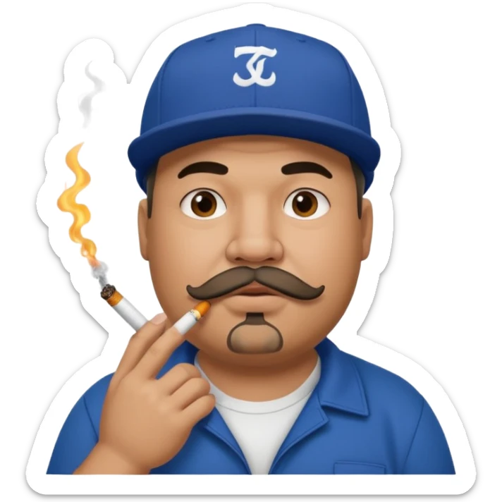 a fat dad in a hip hop cap with a tattoo, a cigarette in his mouth, and a mustache. sticker