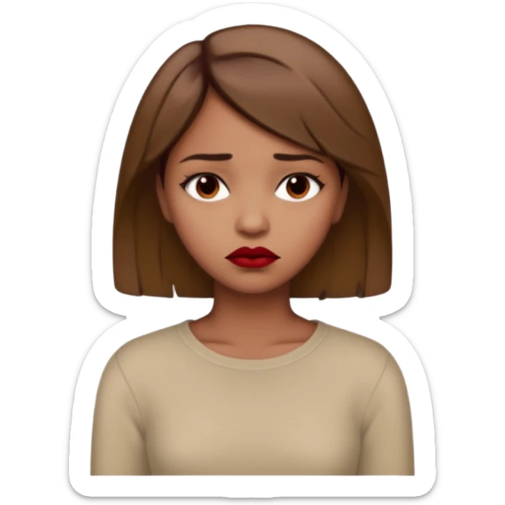 a brown girl with short light brown hair wearing a beige full sleeve and looking sad. dark red lip sticker