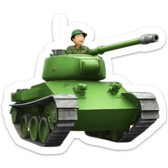 A Chinese man in a Chinese hat rides a green T-34 tank sticker