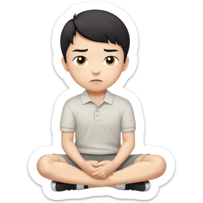 A cartoon young Asian boy with short black hair, light beige skin, and large expressive eyes, wearing a white polo shirt, gray pants, and black shoes. He sits cross-legged on the ground, one fist resting on his cheek, with a closed-mouth smirk. Clean lines, flat colors, solid black background. sticker