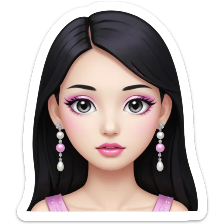 asian long black hair silver grey eyes glossy lips glittery white and pink eyeshadow girl pearl earrings sticker