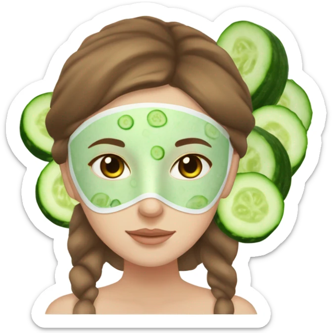 Girl with freackles Brown hair white skin and blue eyes wears Green skin care mask while She relaxes and two round piece cucumber on her closed eyes sticker