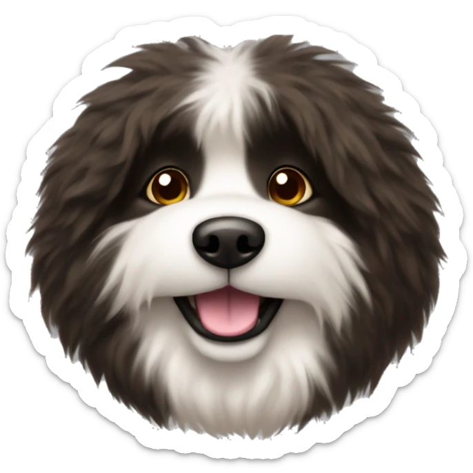 An emoji of a fluffy dog with a mix of black and brown fur, showcasing its thick coat and friendly expression sticker