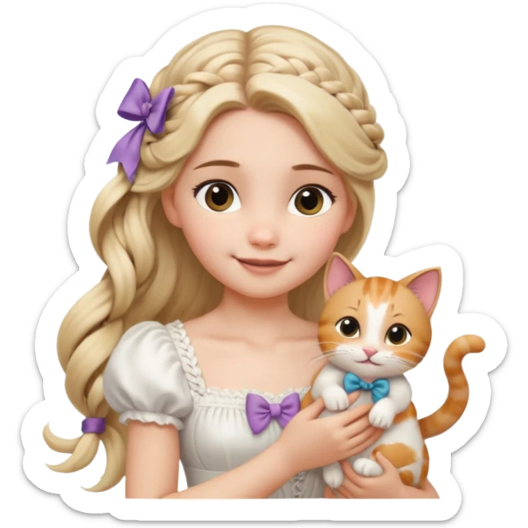 Cewek berbaju putih cantik memakai pita di rambut yang telah dia kelabang seperti rapunzel (membawa kucing lucu 1) dan tersenyum manis rambut nya tertiup angin sticker