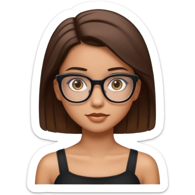 Imagine a pretty girl with slightly light brown skin with big brown eyes and glasses. She has straight brown hair in a slick back and is wearing a black tube top sticker