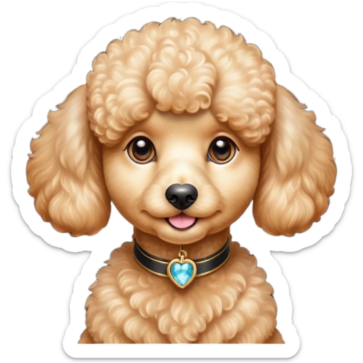 Cinematic Cute Apricot Poodle Portrait Emoji, Head tilted playfully and inquisitively, showcasing a bouncy, curly apricot Fur with a luminous sheen, round, sparkling warm eyes filled with curiosity, Simplified yet irresistibly adorable features, highly detailed, glowing with a warm, friendly glow, high shine, affectionate and lively, stylized with a touch of whimsy, bright and endearing, soft glowing outline, capturing the essence of a mischievous yet loving companion, so playful it feels like it could bounce out of the screen and into your arms! sticker
