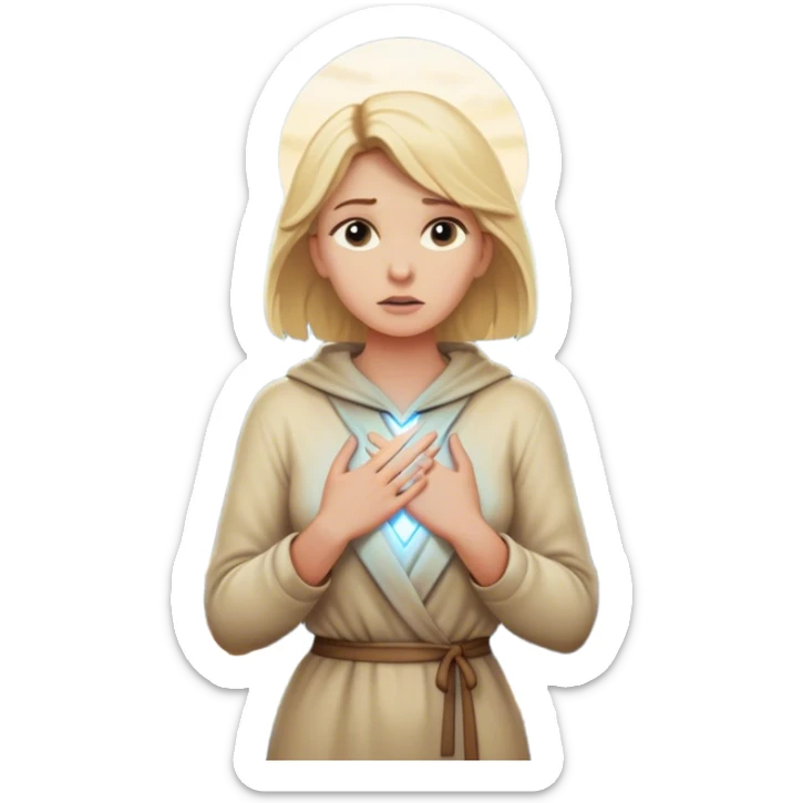 A blonde woman stands at a mountain crossroads, her back turned as she contemplates two trails—one illuminated, symbolizing response, and one shrouded in darkness, representing reaction. with hands on chest sticker