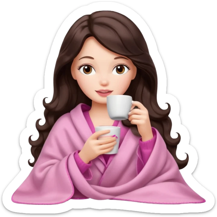 Barbie girl with a long wavy dark brown hair inside a pale pink blanket sipping coffee eyes closed sticker