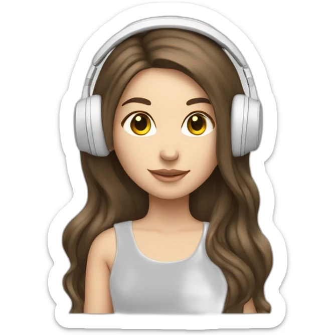 brunette white girl with long hair listening to music with her phone in her hand with white wired headphones  sticker