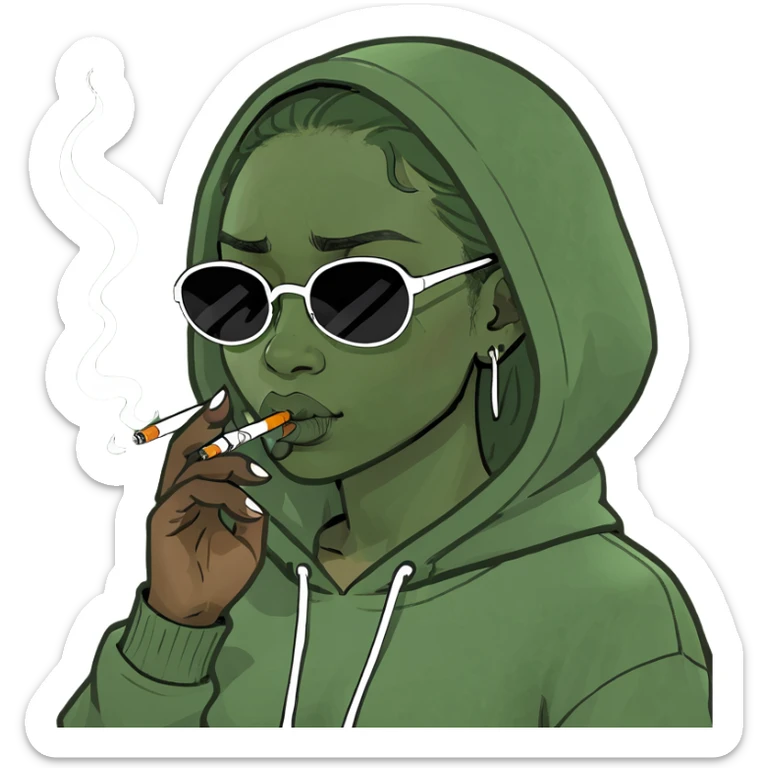 melanin girl crying and smoking with a hoodie on and shades  sticker