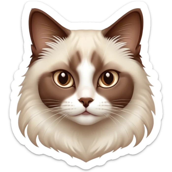 Cinematic Chocolate-Point Ragdoll Cat Portrait Emoji, Elegant and alert, sleek brown and white tones with a distinct white nose, Simplified yet sharp features, highly detailed, glowing with a warm, confident glow, high shine, intelligent and poised, stylized with an air of grace, focused and attentive, soft glowing outline, capturing the essence of calmness and elegance, so lifelike it feels as though it could spring into motion with a gentle, poised presence at any moment! sticker