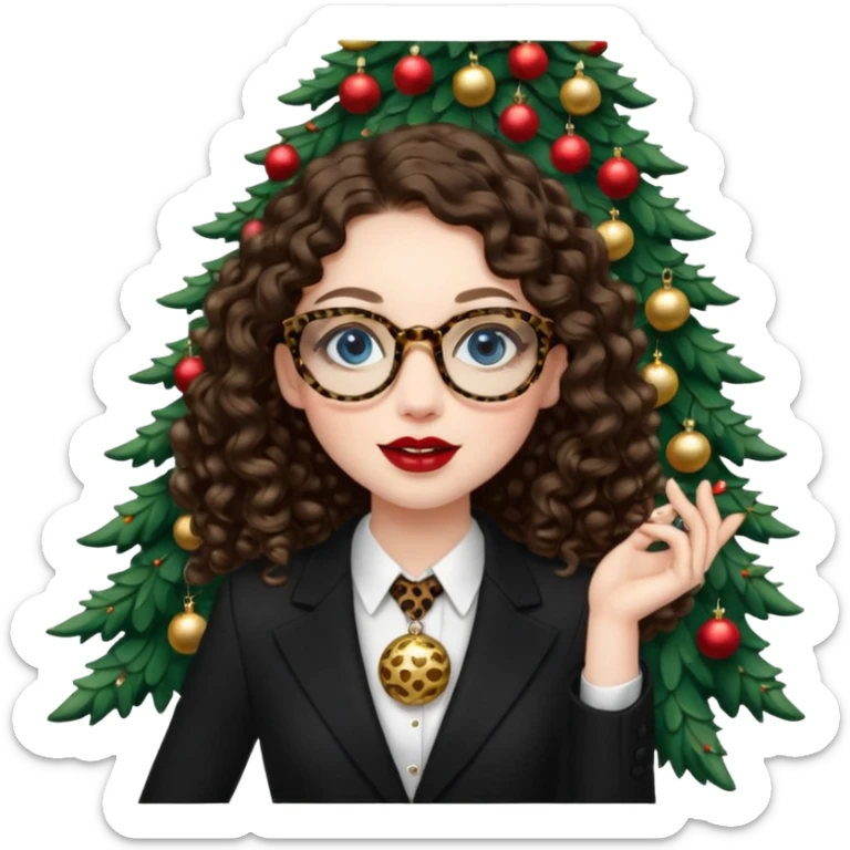 A girl with white pale skin, blue eyes, full lips, brunette long curly hair. She has a leopard print round-ish shaped glasses. She is wearing a all black suit. And she has red lipstick. She is putting gold ornaments happily to a christmas tree. sticker