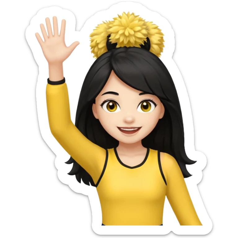 A long black hair teen girl waving pom-poms, eyes sparkling with excitement, yellow cheer leader top sticker