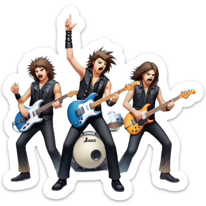 Icon for Heavy Metal Music: 4 men band on stage with electric guitars, drums and intense lighting. 4 Musicians headbanging, surrounded by energy and stage effects, capturing the power and intensity of a metal concert. Transparent background. sticker