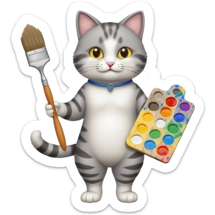 A full body cat holding brushes and a colour pallete because he is an artist sticker