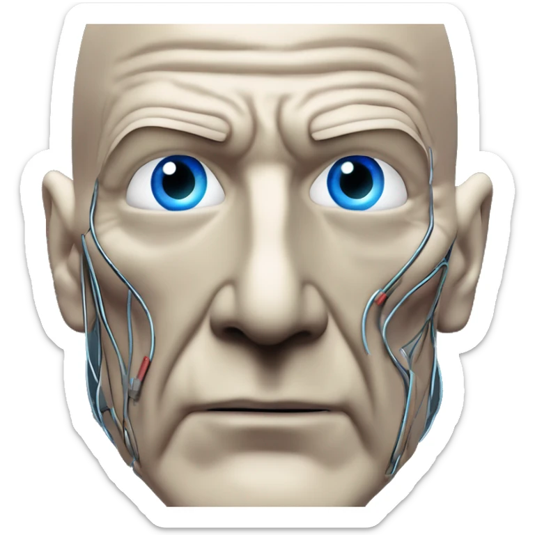 Jean luc picard from Star Trek assimilated by the Borg, with mechanical metal covering only the left side of his face, with wires and a red light on the left side. Both his eyes are unobstructed and are human blue eyes. sticker