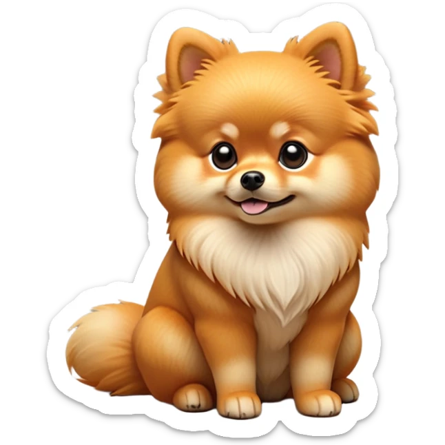 cinematic-[pomeranian]-realistic-full-body-sitting-emoji,-tail-resting-loosely-beside-its-paws,-head-tilted-dramatically, -fluffy-[orange]-fur,-simplified-yet-realistic-focused-features,-highly-detailed,-glowing-with-an-almost-sarcastic-glow sticker