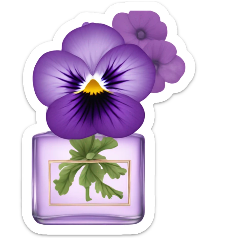 composition of aesthetically pleasing purple pansies, pastel pink daisies and a rosy vintage-style perfume bottle sticker