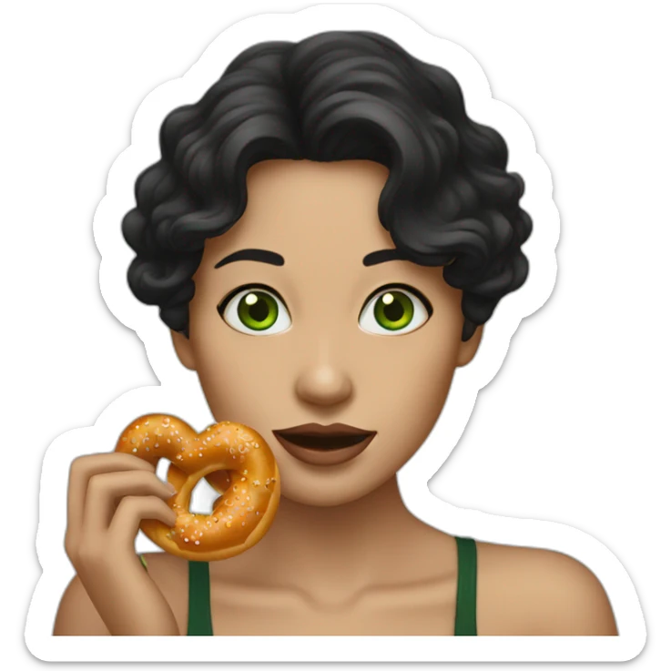 A Woman with green eyes and black wavy hair eating a pretzel  sticker