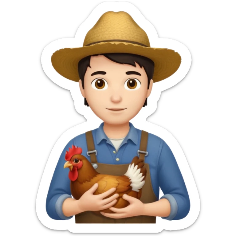 UN HOMBRE VESTIDO DE GRANJERO PIEL CLARA Y PELO OSCURO CON UNA GALLINA  sticker