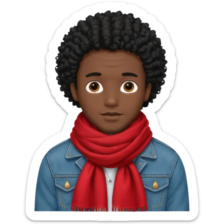 black skin man, curly black hair wear big red scraft, jean jacket sticker