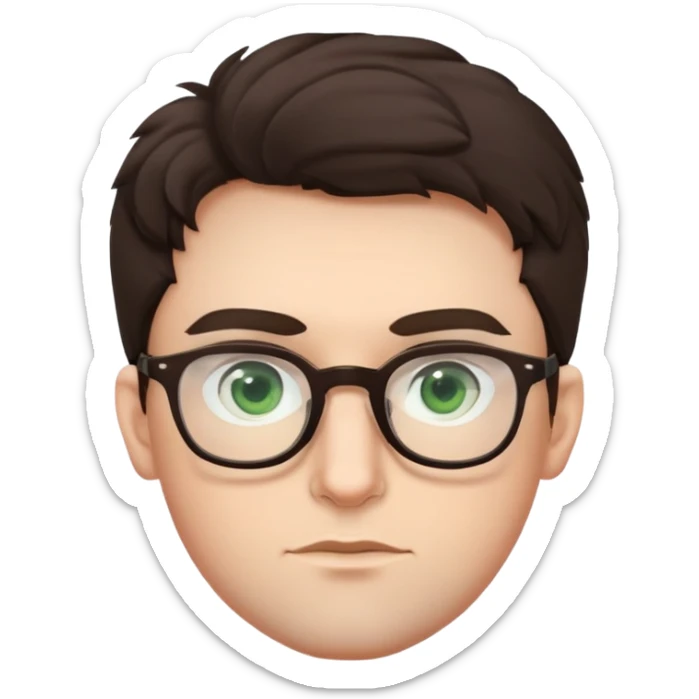 Young man with slightly curled dark brown poofy hair, green eyes wearing glasses, wide face with eyes set apart, bigger ears, pale skin, slightly bigger nose, fuller darker lips, and very light stubble sticker
