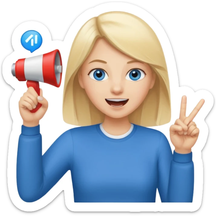 blue eyes blonde girl yelling into megaphone and holding up 1 finger in the other hand smiling sticker