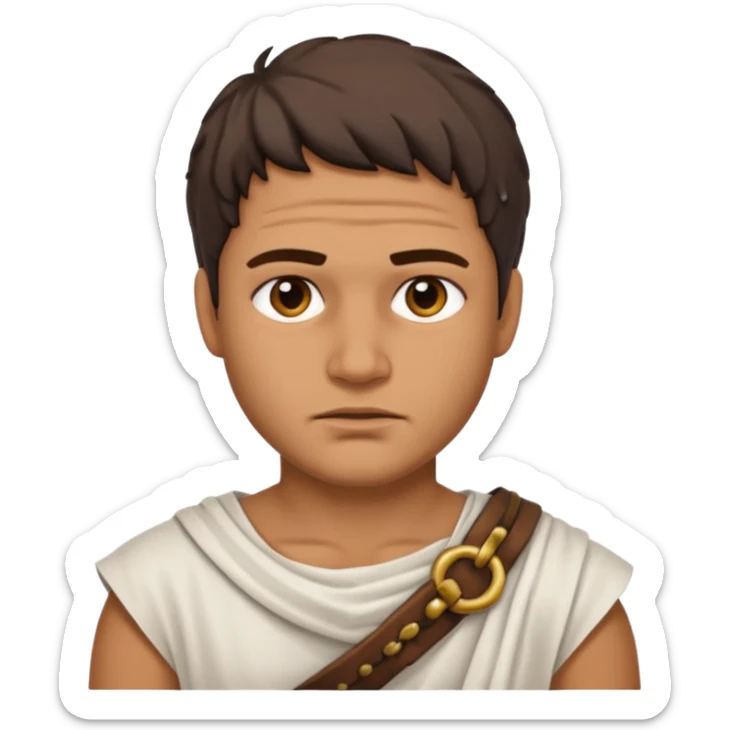 Emoji portrait of a Roman slave. Plain tunic, scar on the face, downtrodden expression. sticker
