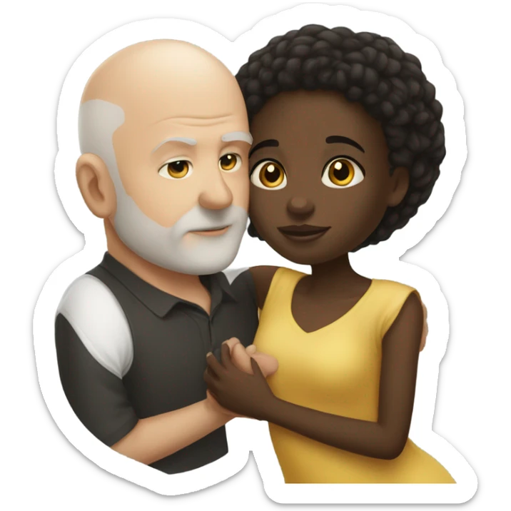 African  girl dark hair kissing white bald man sticker