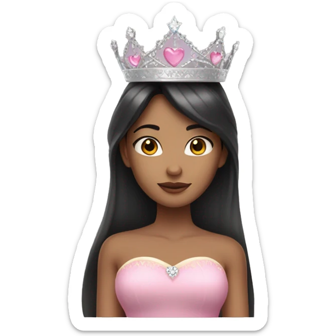 Princess with halo with tan skin tone with long black hair with bang with silver pink heart tiara and pink dress sticker