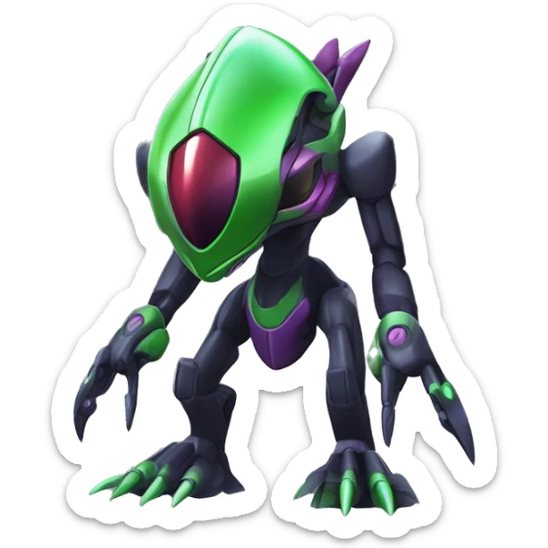 a shiny black-green-purple Genesect-Flygon-Raptor-Fakémon-Medabot-hybrid with a futuristic visor-helmet full body sticker