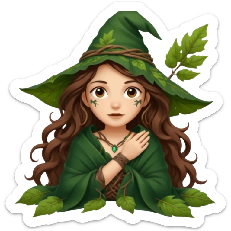cute forest witch woman long wavy brown hair tattoos wrapped in leaf blanket sticker