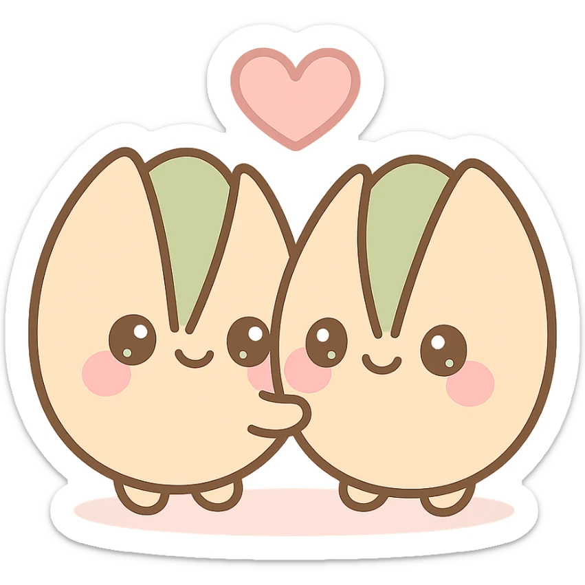 a pair of pistachios hugging, kawaii style, adorable faces, soft colors, heart above them sticker